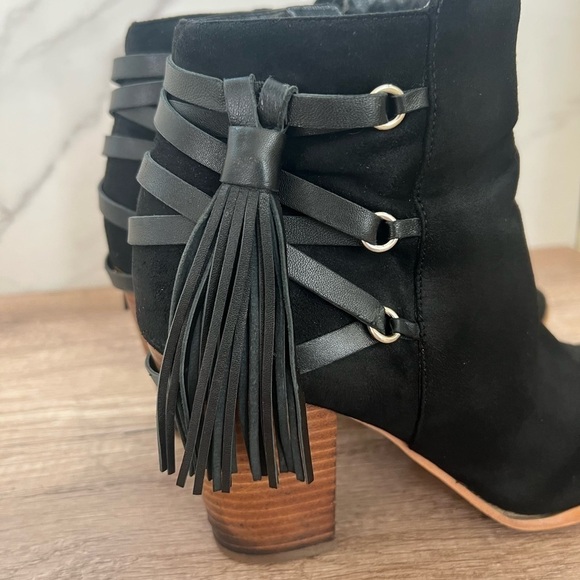 Marc Fisher Black Suede Heeled Booties with Fringe - Picture 4 of 6